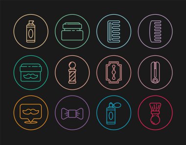 Saç fırçası, saç fırçası, saç fırçası, klasik berber kremi, kozmetik kavanoz, jöle, jöle, jilet ve tüp ikonu için saç maşası. Vektör.