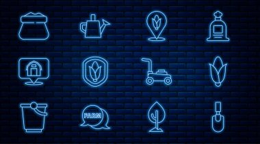 Bahçe küreği, kürek, mısır tarlası, çiftlik evi, çim biçme makinesi ve su kutusu ikonu. Vektör.