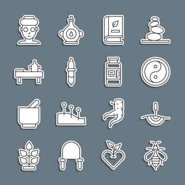 Çizgi Arı Akupunktur Terapisi Yin Yang Tıp kitabı Pipette Masaj Masası 'nı yağlı yüz maskesi ve Kolajen serum ikonu ile ayarla. Vektör.