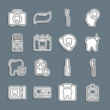 Diş ipi diş fırçası beyazlatıcı diş fırçası takvimi, diş ağrısı kesici ilk yardım kiti ve çevrimiçi diş bakımı ikonu. Vektör.