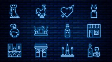 Peynir dükkanlı şarap şişesi, Amour Heart ve Arrow Cafe Parfüm Horozu Şişe Şarabı ve Rooster rüzgar gülü ikonu. Vektör.
