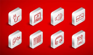 Hat Air kulaklıklarını hoparlör sesi, müzik sesi, müzik sesi, kulaklık, elektronik fiş, davul ve kulaklık ile birlikte dizüstü bilgisayara yerleştir. Vektör.