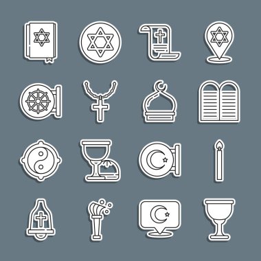 Kutsal Kase ya da Kadeh Yak mumu Dharma çarkıfeleği Yahudi torah kitabı ve Müslüman cami ikonu üzerinde Hristiyan haçı yazılı ferman kağıdı. Vektör.