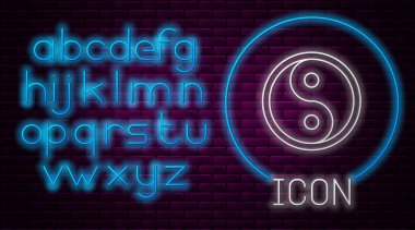 Parlak neon hattı Yin Yang ahenk sembolü ve denge simgesi tuğla duvar arka planında izole edilmiş. Neon ışıklı alfabe. Vektör İllüstrasyonu.