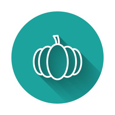 Beyaz çizgi balkabağı ikonu uzun gölgeli izole edilmiş. Mutlu Cadılar Bayramı Partisi. Yeşil daire düğmesi. Vektör.