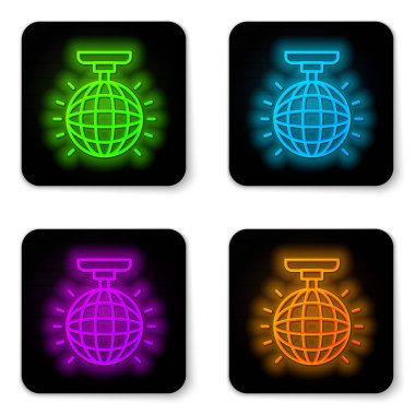 Parlayan neon çizgisi Disko topu simgesi beyaz arkaplanda izole edildi. Siyah kare düğme. Vektör.