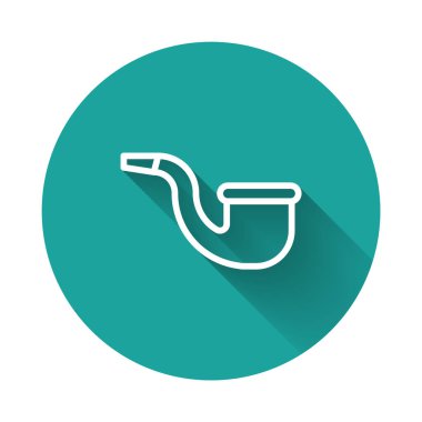 Beyaz çizgi Hayır pipo sigara ikonu izole uzun gölge arka plan. Sigara içme. Tütün piposu. Yeşil daire düğmesi. Vektör.