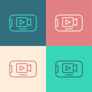 Pop Art Line Online video oynatma simgesi renk arkaplanında izole edildi. Akıllı telefon ve üzerinde oyun işareti olan film şeridi. Vektör.
