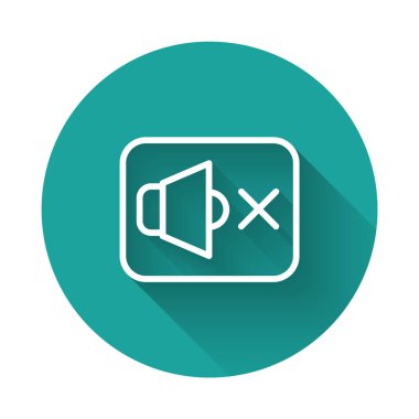 Beyaz çizgi sözcüsü uzun gölge arkaplanı olan sessiz simge izole edildi. Ses simgesi yok. Ses Kapalı sembolü. Yeşil daire düğmesi. Vektör.