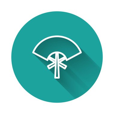 Beyaz çizgi Geleneksel Çin kağıdı ya da Japon katlama hayran ikonu uzun gölge arkaplan izole. Yeşil daire düğmesi. Vektör.