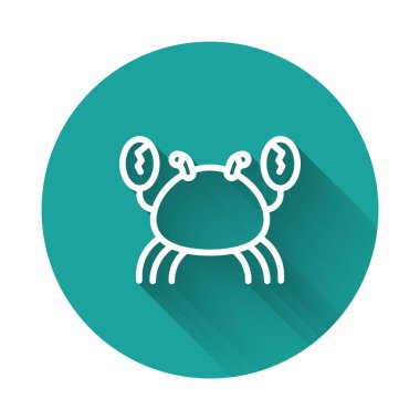 Beyaz çizgi Yengeç simgesi uzun gölge arkaplanı ile izole edildi. Yeşil daire düğmesi. Vektör.