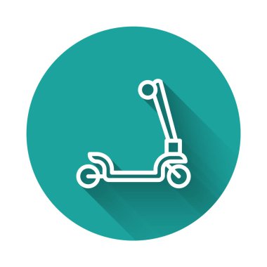 Beyaz çizgi tekerlekli scooter, uzun gölgeli izole edilmiş çocuk simgesi. Motoru tekmele ya da dengeli sür. Yeşil daire düğmesi. Vektör.