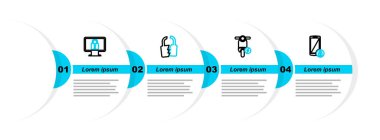 Hat Smartphone 'u kilitlenmiş elektrikli scooter ile ayarla. Kırılmış ya da kırılmış ve kilit monitörü simgesi. Vektör.