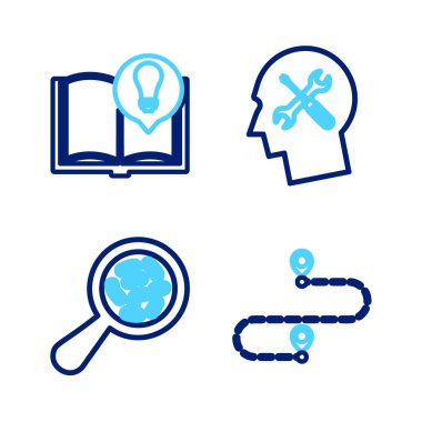 Hat güzergahı mikroorganizmaları büyüteç altında ve ilginç gerçekler simgesi altında ayarla. Vektör.