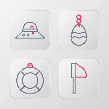 Balık Lifebuoy kaşığı ve Balıkçı şapkası ikonuyla olta at. Vektör.
