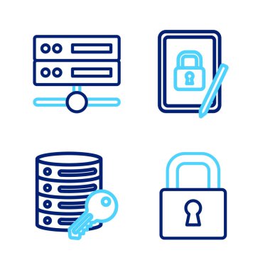 Satır Kilit Sunucusu güvenliğini Tablet 'in kapalı asma kilidi ve Sunucu Veri Sunucu sunucu simgesi ile ayarla. Vektör.