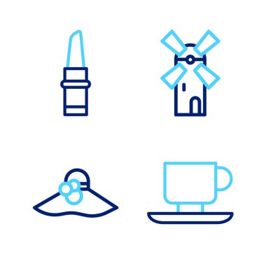 Kahve fincanı, şık kadın şapkası, yel değirmeni ve ruj ikonu. Vektör.