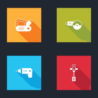 Elektrikli planör aleti, açılı öğütücü, kablosuz tornavida ve elektrikli beton karıştırıcı simgesi ayarla. Vektör.