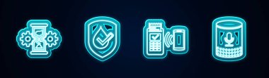 Hat, kum saati ve ekipman, su geçirmez, POS terminali ve ses asistanı ayarlayın. Parlayan neon ikonu. Vektör.