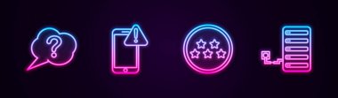 Konuşma baloncuğu sorgusunu ayarla, ünlem işaretli mobil, beş yıldızlı değerlendirme ve sunucu. Parlayan neon ikonu. Vektör.