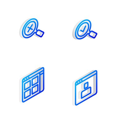 Isometric satır büyütecini işaretli olarak ayarla ve tarayıcı dosyalarını sil ve hesap ekranı simgesi oluştur. Vektör.