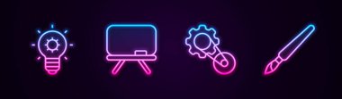Ampul tebeşirini, kemer setini ve boya fırçasını ayarla. Parlayan neon ikonu. Vektör.