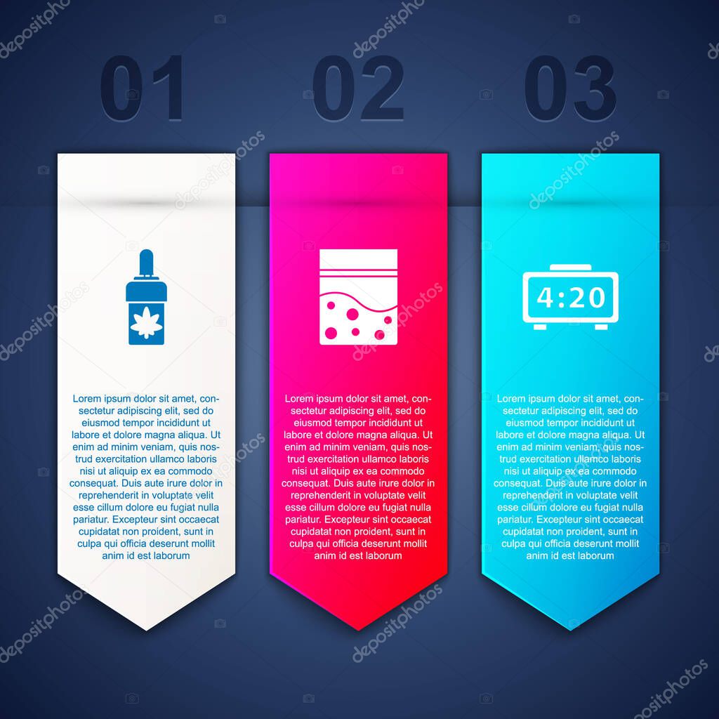 Set Marijuana or cannabis olive oil, Plastic bag of and Digital alarm clock. Business infographic template. Vector.