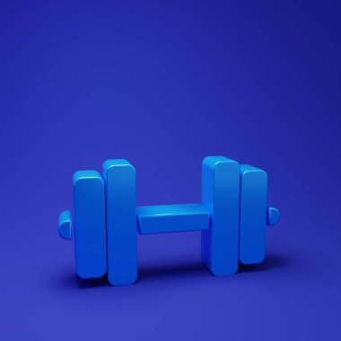 Mavi Dumbbell simgesi mavi arkaplanda izole edildi. Kas kaldırma, fitness halteri, spor salonu, spor malzemeleri sembolü, egzersiz yaban domuzu. Minimalizm kavramı. 3 Boyutlu resimleme.
