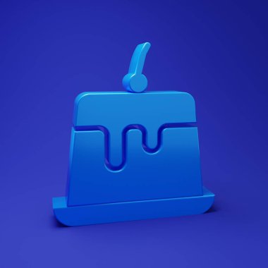 Mavi arka planda izole edilmiş karamel jöleli kremalı mavi puding. Minimalizm kavramı. 3 Boyutlu resimleme.