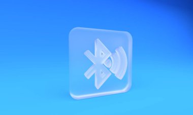 Buzlu cam bluetooth bağlı ikon mavi arka planda izole. Kare buzlu cam düğme. 3 Boyutlu resimleme.