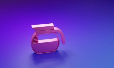 Mor-mavi arka planda izole edilmiş pembe kahve demliği ikonu. Minimalizm kavramı. 3 Boyutlu resimleme.