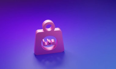 Mor-mavi arka planda izole edilmiş pembe ağırlık ikonu. Ağırlık kaldırmak ve ölçeklendirmek için kilo bloğu. Kütle sembolü. Minimalizm kavramı. 3 Boyutlu resimleme.