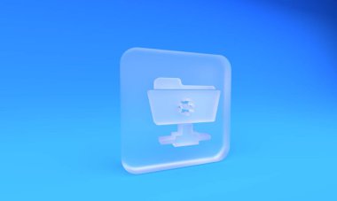 Mavi arkaplanda izole edilmiş buzlu cam FTP dizin ayarları simgesi. Yazılım güncellemesi, transfer protokolü, yönlendirici, takım çalışması araç yönetimi, kopyalama işlemi. Kare buzlu cam düğme. 3 Boyutlu resimleme.