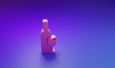 Mor-mavi arka planda izole edilmiş şarap kadehi ikonu olan pembe şarap şişesi. Minimalizm kavramı. 3 Boyutlu resimleme.