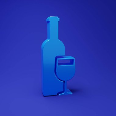 Mavi arka planda şarap kadehi ikonu olan mavi şarap şişesi. Minimalizm kavramı. 3 Boyutlu resimleme.