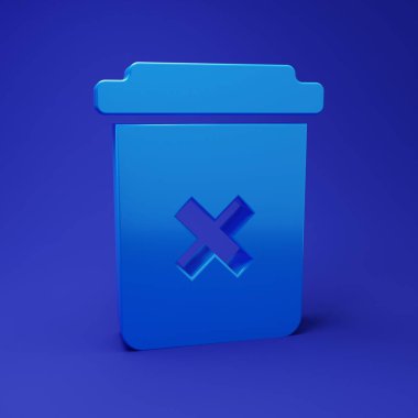 Mavi Çöp Kutusu simgesi mavi arkaplanda izole edildi. Simgeyi sil. Çöp kutusu tabelası. Sepet simgesini geri dönüştür. Ofis çöpü ikonu. Minimalizm kavramı. 3 Boyutlu resimleme.