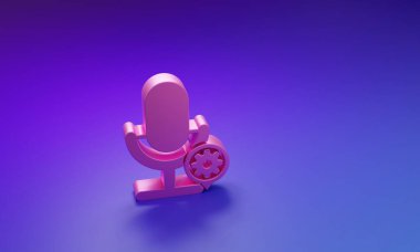 Mor-mavi arka planda izole edilmiş pembe mikrofon ve dişli ikonu. Uygulama, servis konsepti, ayar seçenekleri, bakım, onarım, onarım. Minimalizm kavramı. 3 Boyutlu resimleme.