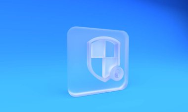 Mavi arka planda kilit simgesi olan buzlu cam kalkan güvenliği. Koruma, güvenlik, şifre güvenliği. Güvenlik duvarı gizlilik levhası. Kare buzlu cam düğme. 3 Boyutlu resimleme.