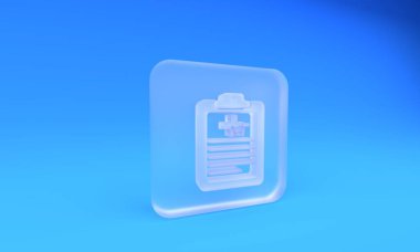 Mavi arka planda izole edilmiş tıbbi kayıt evcil hayvan ikonu olan buzlu cam pano. Sağlık sigortası formu. Tıbbi kontrol işaretleri raporu. Kare buzlu cam düğme. 3 Boyutlu resimleme.