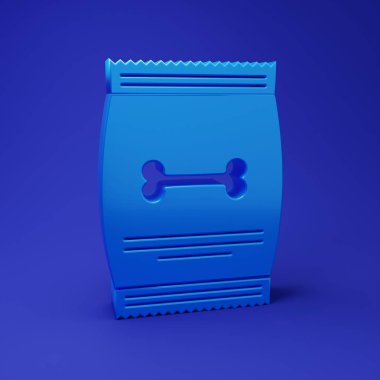 Mavi arka planda izole edilmiş evcil hayvan ikonu için mavi yiyecek torbası. Hayvanlar için yiyecek. Köpek kemiği işareti. Hayvan maması paketi. Minimalizm kavramı. 3 Boyutlu resimleme.