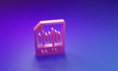 Pembe WAV dosya dökümanı. Mor-mavi arkaplanda dalga simgesi indir. Dijital ses riff dosyaları için WAV dalga boyu ses dosyası biçimi. Minimalizm kavramı. 3 Boyutlu resimleme.