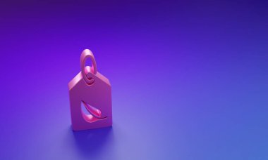 Mor-mavi arkaplanda yaprak sembolü olan pembe etiket. Pankart, etiket, etiket, logo, çevre yeşili etiketi. Minimalizm kavramı. 3 Boyutlu resimleme.