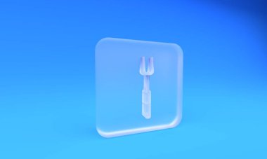 Buzlu cam barbekü çatalı ikonu mavi arkaplanda izole edilmiş. Mangal çatalı tabelası. Barbekü ve ızgara aleti. Kare buzlu cam düğme. 3 Boyutlu resimleme.