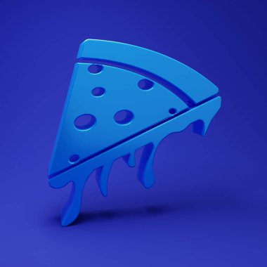 Mavi arka planda izole edilmiş mavi dilim pizza ikonu. Minimalizm kavramı. 3 Boyutlu resimleme.