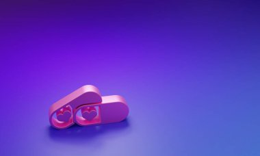 İktidar için pembe haplar, mor-mavi arka planda izole edilmiş afrodizyak ikonu. Erkekler ve kadınlar için seks hapları. Minimalizm kavramı. 3 Boyutlu resimleme.