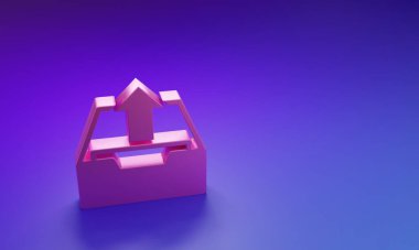 Mor-mavi arkaplanda izole edilmiş Pembe Gönderme gelen kutusu simgesi. Dosyaları arşivden çıkar. Minimalizm kavramı. 3 Boyutlu resimleme.
