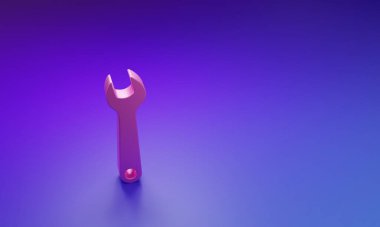 Mor-mavi arkaplanda izole edilmiş pembe anahtarlı simge. Anahtar tamir aleti. Servis aracı sembolü. Minimalizm kavramı. 3 Boyutlu resimleme.