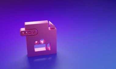 Pembe MOV dosya dökümanı. Mor-mavi arkaplanda mov simgesi indir. MOV dosya sembolü. Ses ve video koleksiyonu. Minimalizm kavramı. 3 Boyutlu resimleme.