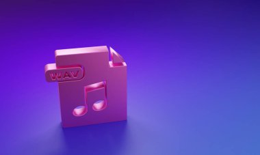 Pembe WAV dosya dökümanı. Mor-mavi arkaplanda dalga simgesi indir. Dijital ses riff dosyaları için WAV dalga boyu ses dosyası biçimi. Minimalizm kavramı. 3 Boyutlu resimleme.