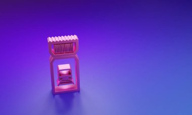 Mor-mavi arka planda izole edilmiş pembe tren bileti ikonu. Demiryolu ile seyahat et. Minimalizm kavramı. 3 Boyutlu resimleme.